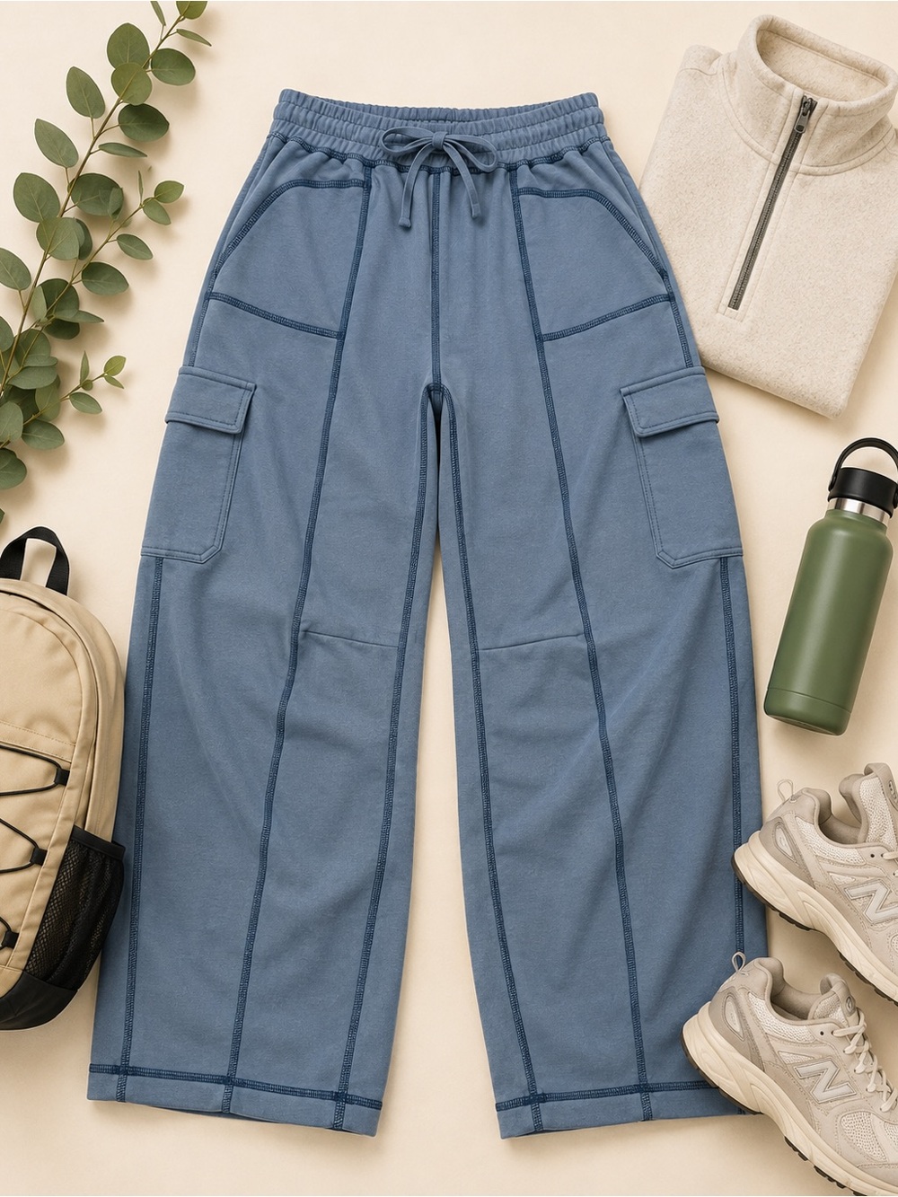 NWT Blue Barrel Leg Sweatpants Contrast Stitch Wide Pocket Pants L